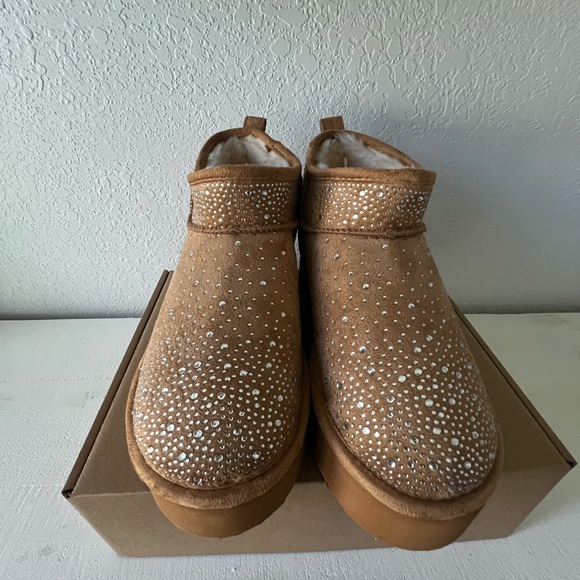 BearPaw Shoes - BearPaw Tan Suede Slippers with Rhinestones